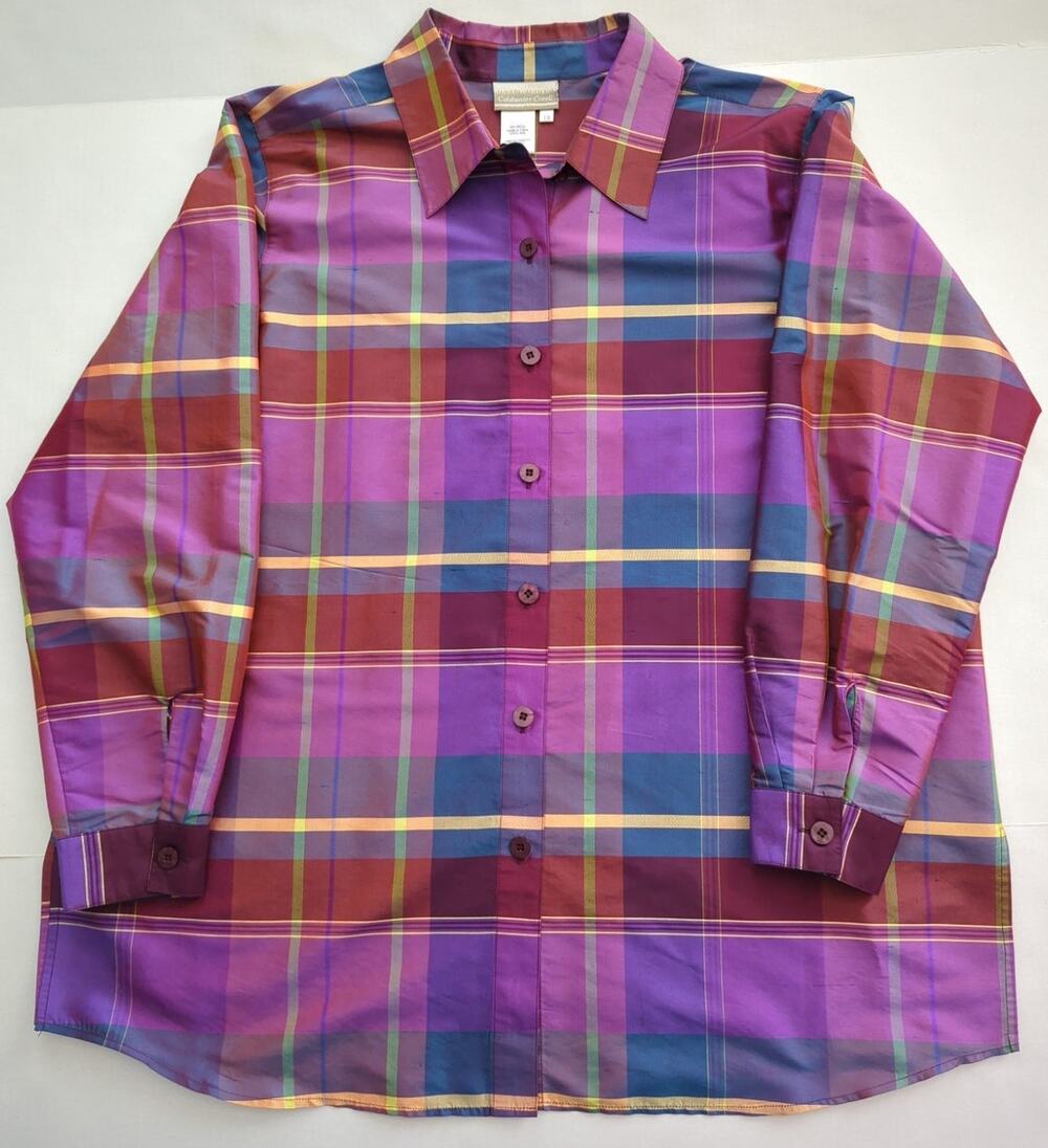 VTG Coldwater Creek Jewel Tones Plaid Button Up Silk Blouse Tunic Womens Size 1X